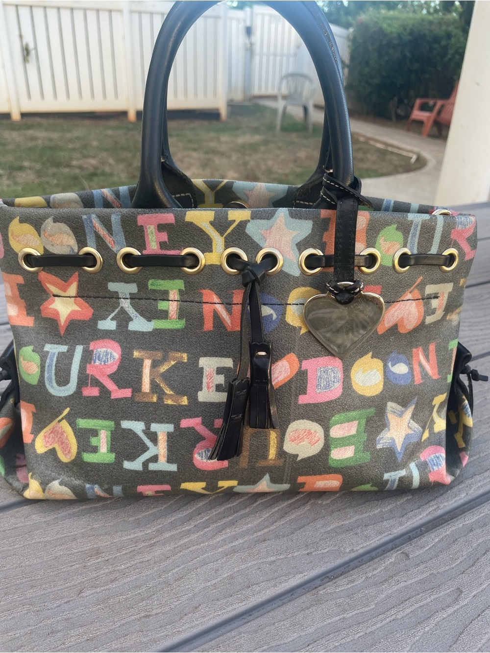 Dooney & Bourke Multicolor Logo Tote with Black Handles and Heart Charm